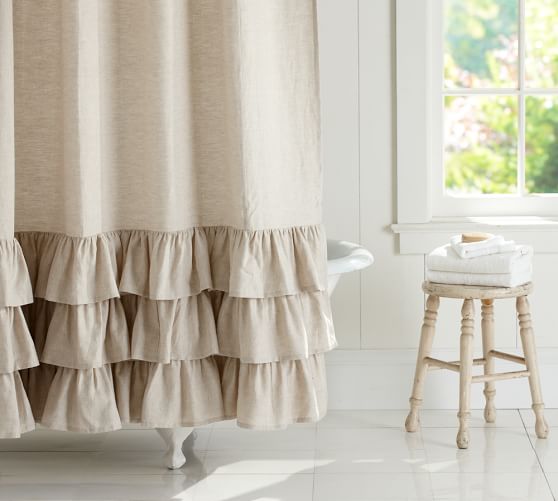 Pottery Barn LINEN RUFFLE SHOWER CURTAIN 