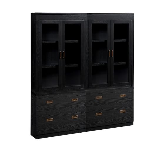 Pottery Barn REYNOLDS BOOKCASE WITH LATERAL FILES BLack Antiqued Brass Hardware