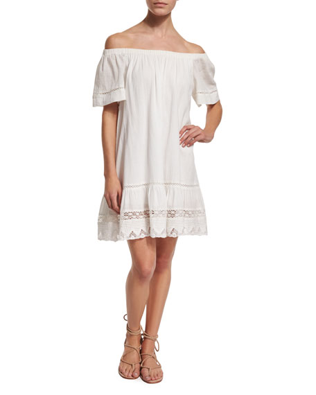 Rebecca Taylor Off-the-Shoulder Cotton Lace-Trim Shift Dress Snow 