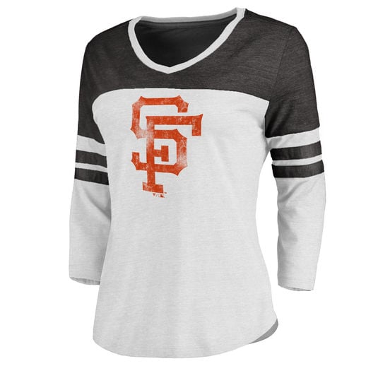 SAN FRANCISCO GIANTS WOMEN'S WHITE/BLACK COOPERSTOWN TWO TONE THREE-QUARTER SLEEVE TRI-BLEND T-SHIRT