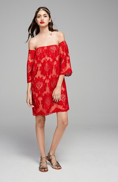 STOREE Lace Off the Shoulder Dress Red lace shift dresses for spring