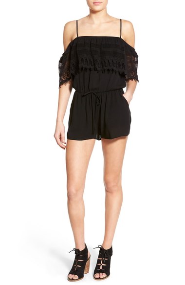 Socialite Lace Trim Off the Shoulder Romper Black