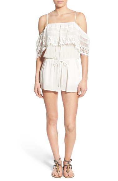 Socialite Lace Trim Off the Shoulder Romper Ivory
