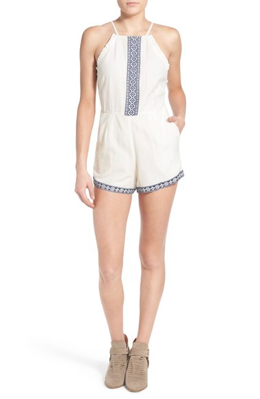 TULAROSA 'Boyd' Embroidered Cotton Romper Ivory Indigo