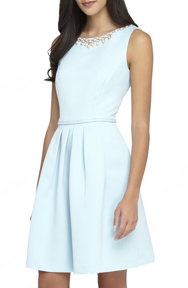 Tahari Embellished Neck Faille Fit & Flare Dress (Regular & Petite) Ice Blue kentucky derby dresses fit and flare dresses