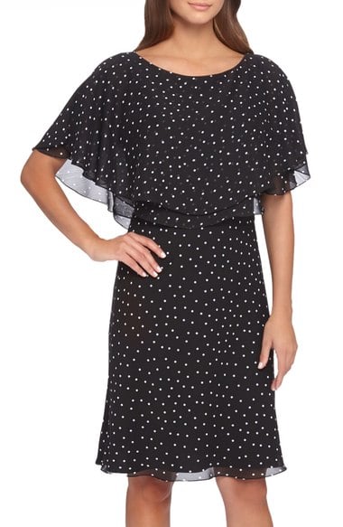 Tahari Polka Dot Chiffon Popover Dress Black White popover dresses for the kentucky derby