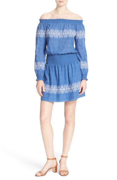 Tory Burch 'Loretta' Embroidered Off the Shoulder Dress White Hudson Blue