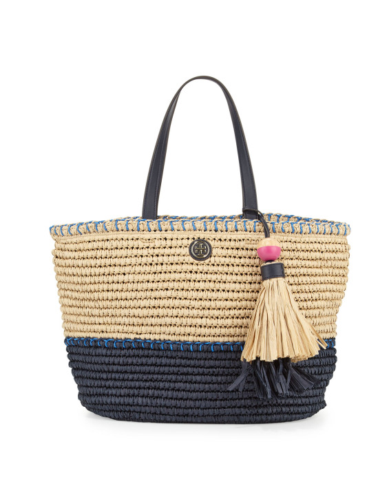Tory Burch Small Straw Tote Bag Toast/Tory Navy/Bondi Blue neiman marcus sale