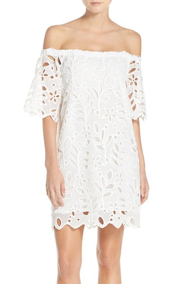 YOANA BARASCHI 'Peacock Garden' Off the Shoulder Lace Shift Dress White off the shoulder kentucky derby dresses 2016
