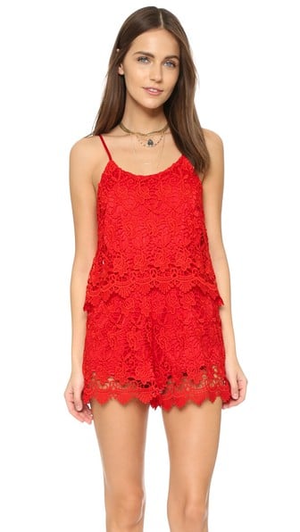 Yumi Kim Jet Set Crochet Lace Romper Red lace rompers for spring