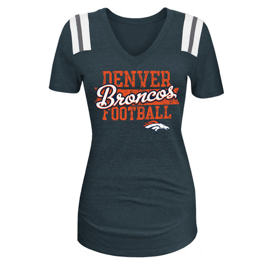 5TH & OCEAN BY NEW ERA DENVER BRONCOS WOMEN'S NAVY 4TH QUARTER GLITTER TRI-BLEND V-NECK T-SHIRT mother's day denver broncos gifts for mom