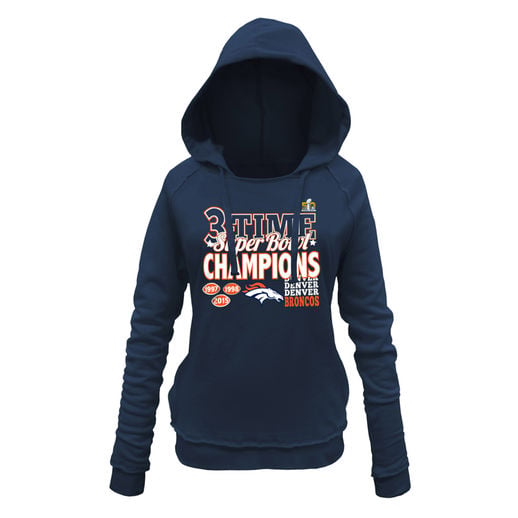 5TH & OCEAN BY NEW ERA DENVER BRONCOS WOMEN'S NAVY SUPER BOWL 50 CHAMPIONS 3-TIME CHAMPS PULLOVER HOODIE