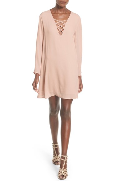 ASTR Lace-Up Bell Sleeve Shift Dress Pale Pink lace-up dresses spring 2016