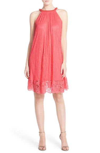 Adrianna Papell Embellished Neck Lace Shift Dress Light Coral shift dresses for the kentucky derby
