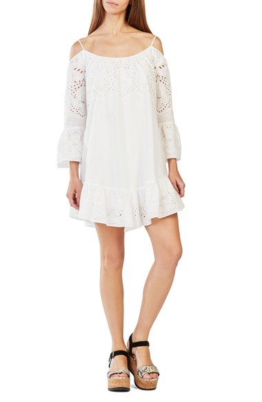 BCBGMAXAZRIA 'Niki' Embroidered Eyelet Cold Shoulder Shift Dress Off White Combo cold shoulder dresses spring candace rose