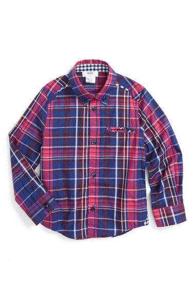 BOSS Kidswear Plaid Poplin Shirt (Little Boys & Big Boys) Rose Fuchsia Nordstrom nordstrom designer clearance sale for kids