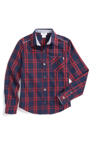 BOSS Kidswear Plaid Twill Shirt (Little Boys & Big Boys) Red Blue Nordstrom designer clearance sale for kids
