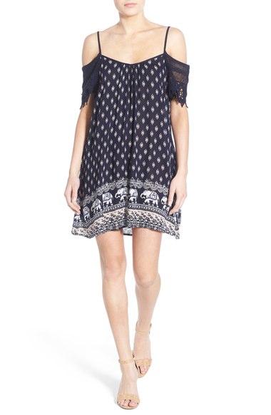 Band of Gypsies Cold Shoulder Woven Dress Navy Ivory cold shoulder dresses spring candace rose 