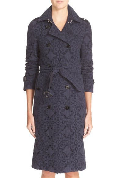 Burberry London 'Kensington' Cotton Lace Trench Coat Ink Blue Nordstrom nordstrom designer clearance sale for women