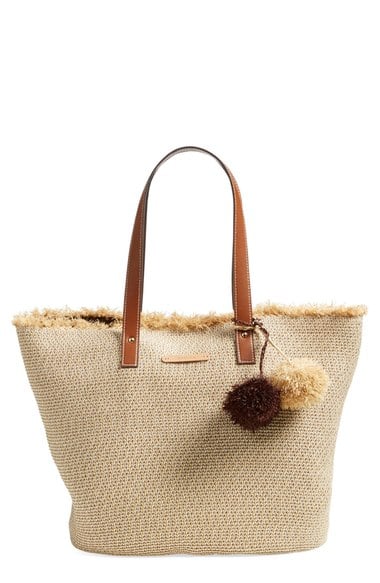 Caslon® Frayed Woven Straw Tote Natural Pom-Pom trendy straw totes summer 2016