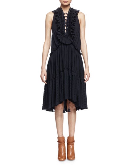 Chloe Embroidered Tiered Ruffled Dress Navy Blue lace-up dresses spring 2016