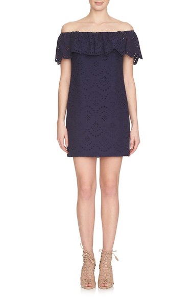 Cynthia Steffe 'Liliana' Eyelet Off The Shoulder Shift Dress Evening Navy Blue