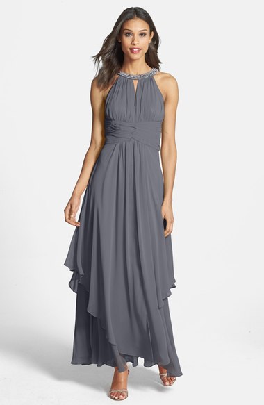 Eliza J Embellished Tiered Chiffon Halter Gown Charcoal Nordstrom nordstrom half yearly sale for women