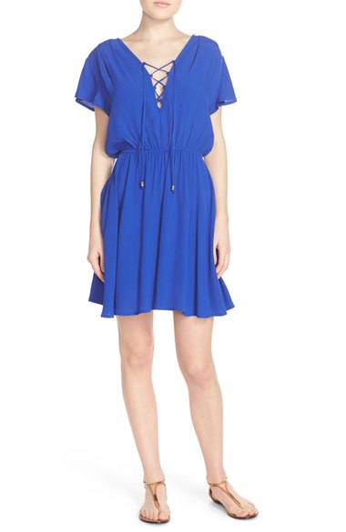 Fraiche by J Tie Neck Short Sleeve Dress Royal Blue lace-up dresses spring 2016