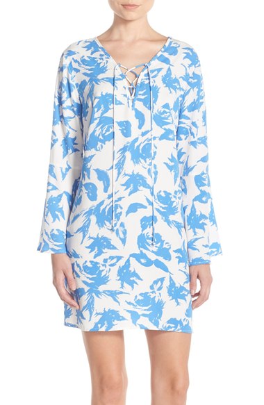 Fraiche by J Tie Neck Woven Shift Dress Blue Flower lace-up dresses spring 2016