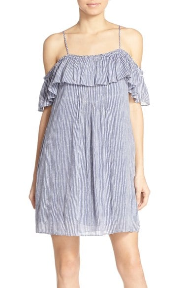 GREYLIN 'Chantal' Off the Shoulder/Cold Shoulder Woven Swing Dress Blue Pinstripes cold shoulder dresses spring candace rose