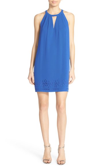 GREYLIN 'Melissa' Laser Cut Crepe Shift Dress Blue shift dresses for the kentucky derby