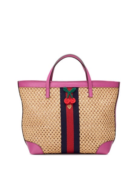 Gucci Girls' Paglia Mesh Straw Leather-Trim Tote Bag Natural trendy straw totes summer 2016