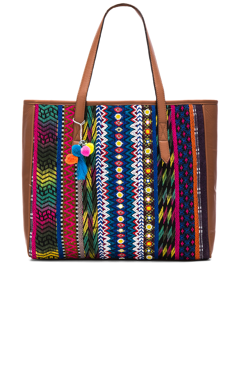 HUEBREEZE LEATHER EMBOSSED TOTE BAG WITH TASSEL POM POM ACCENTS trendy straw totes summer 2016