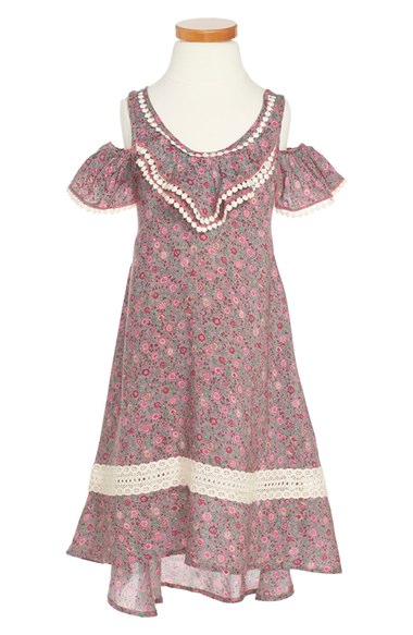 Hannah Banana Crochet Trim Floral Print Cold Shoulder Dress (Little Girls) Pink Multi Nordstrom nordstrom half yearly sale for kids girls of all ages