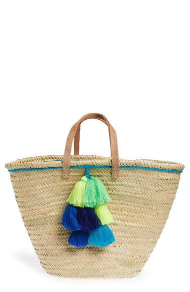 House of Perna 'Remy' Woven Straw Tote Tassels Blue Natural trendy straw totes summer 2016