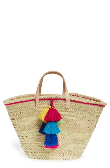 House of Perna 'Remy' Woven Straw Tote Tassels Pink Natural trendy straw totes summer 2016