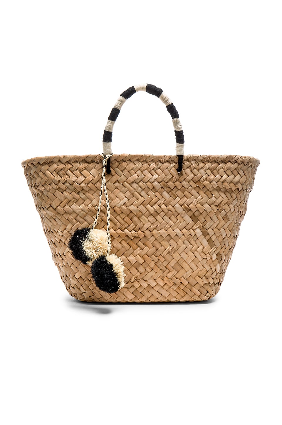 KAYU St. Trope Straw Tote Bag Black and White Pom Pom Accents trendy straw totes summer 2016
