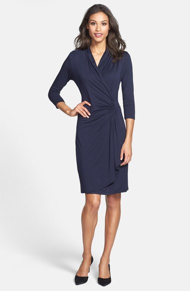 Karen Kane Three-Quarter Sleeve Cascade Faux Wrap Dress (Regular & Petite) Navy Blue wrap dresses for the kentucky derby 2016 