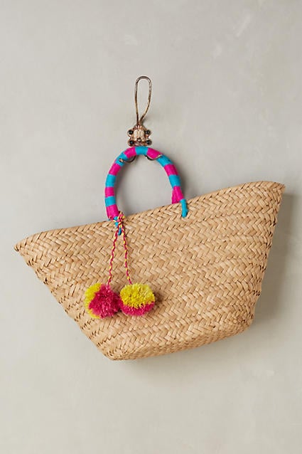 Kayu Tropez Straw Tote Neutral Pom Pom Accents trendy straw totes summer 2016