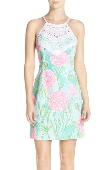 Lilly Pulitzer® 'Pearl' Crochet Neck Cotton Shift Dress Poolside Blue Going Stag crochet dresses for summer 2016