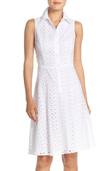 London Times Eyelet Fit & Flare Shirtdress White or Coral eyelet dresses for spring 2016