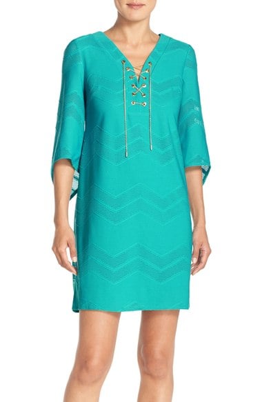 London Times Lace-Up Neck Mesh Shift Dress Aqua lace-up dresses spring 2016