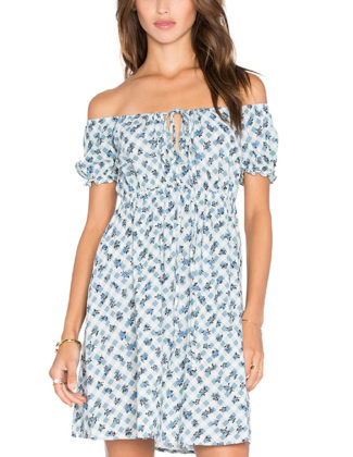 MOTEL Langley Off The Shoulder Floral Print Dress Blue Ditsy Gingham Revolve revolve memorial day sale