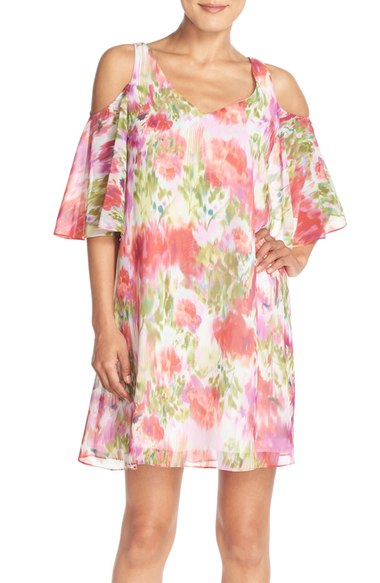 Maggy London Flower Print Chiffon Cold Shoulder Dress Pink cold shoulder dresses spring candace rose