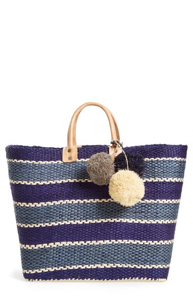 Mar y Sol 'Capri' Woven Tote with Pom Charms Navy Blue trendy straw totes summer 2016