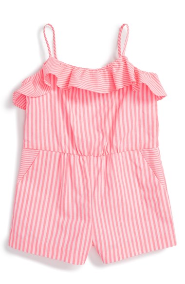 Milly Minis Neon Stripe Ruffle Romper (Big Girls) Pink Nordstrom nordstrom designer clearance sale for kids