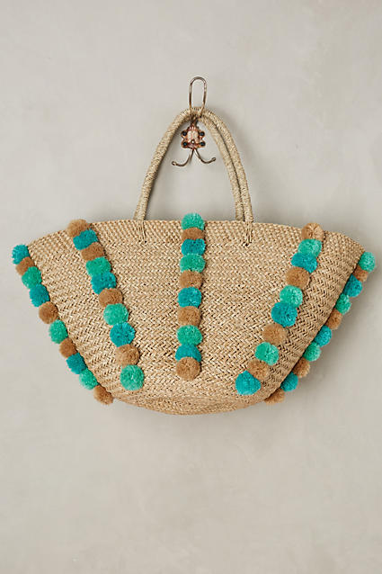 Monserrat de Lucca Pepita Pom Straw Tote Mint Green trendy straw totes summer 2016