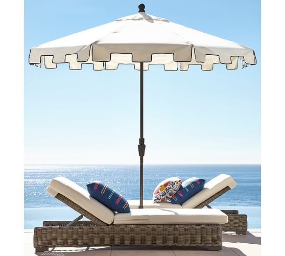 Pottery Barn CAPRI MARKET UMBRELLA Sunbrella Natural Navy Piping pottery barn outdoor furniture sale