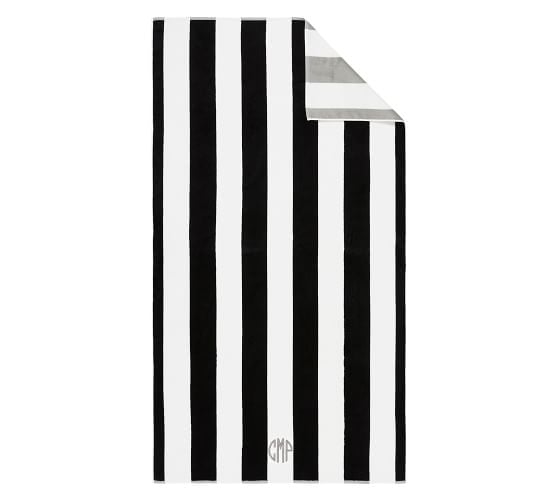 Pottery Barn REVERSIBLE AWNING STRIPE BEACH TOWEL- BLACK/GRAY
