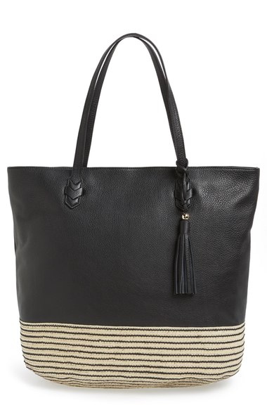 Rebecca Minkoff 'Mansfield' Leather Straw Tote Black Silver Hardware trendy straw totes summer 2016